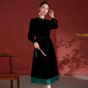 真丝桑蚕丝金丝绒连衣裙秋冬长袖针珠绣花撞色裙子低奢惊艳礼服裙