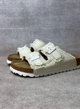 不退换 牛仔布真皮软木勃肯鞋女夏百搭休闲度假一字拖沙滩凉拖鞋