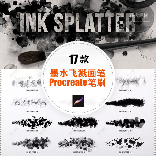 Procreate专用墨水泼撒飞溅Ink Splatter画笔Ipad触控笔笔刷素材