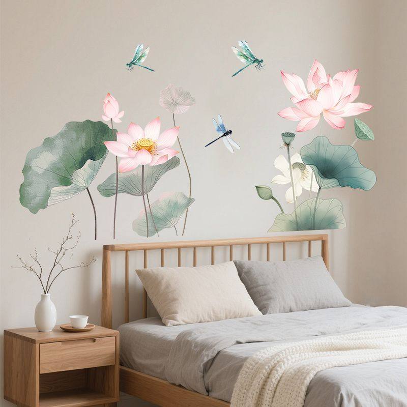 中式复古水墨荷花贴纸淡雅晕染客厅背景墙卧室床头装饰自粘墙贴画