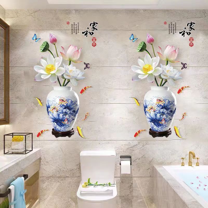 中式荷花墙贴浴室卫生间瓷砖玻璃防水贴画墙面装饰自粘中国风贴画图片