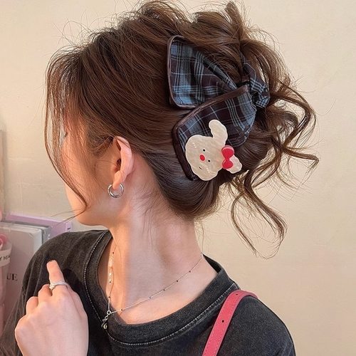 韩国格纹蝴蝶结三角抓夹女学院风甜美气质后脑勺鲨鱼夹盘发夹头饰