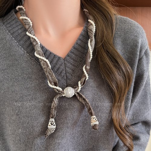 2026时尚腰果花缠绕珍珠丝巾系脖项链女艺术生独特漂亮挂脖配饰