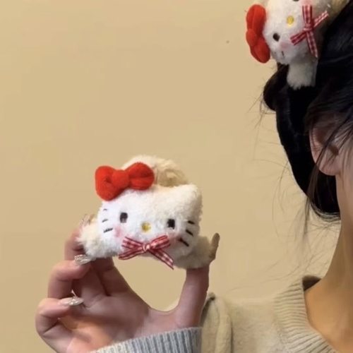 趣味可爱蝴蝶结凯蒂猫毛绒抓夹双面kitty猫鲨鱼夹后脑勺发夹