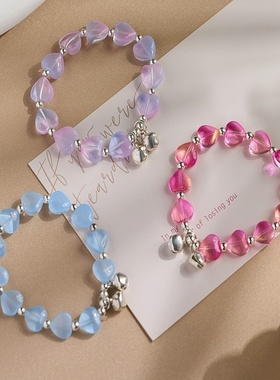 2026时尚新款爱心琉璃手链女生ins小众设计森系甜美铃铛彩珠闺蜜