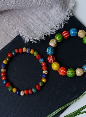 2026时尚夏季上新民族风文艺陶瓷花釉渐变彩色串珠手链 小众设计