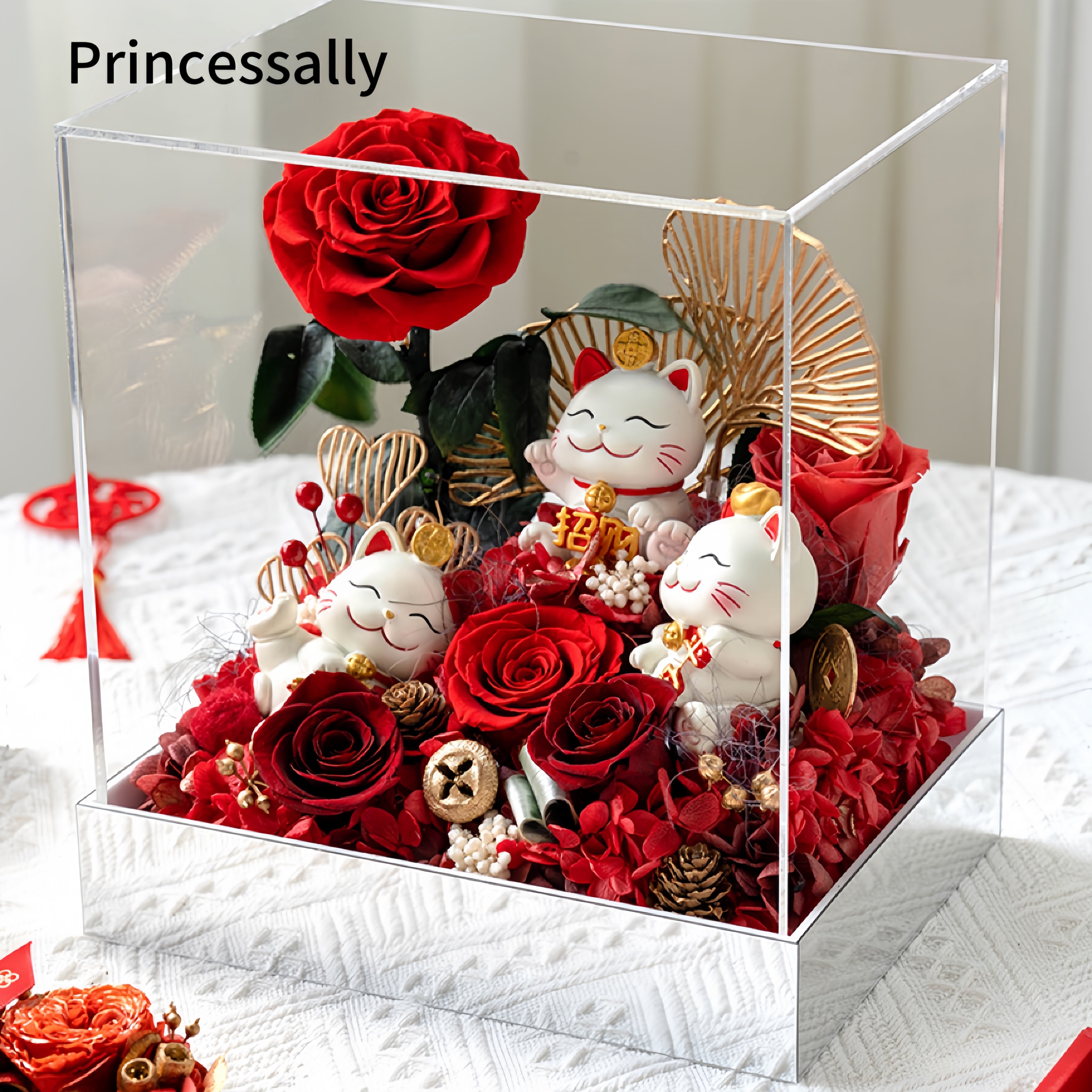 Princessally永生花发财猫新年圣诞礼物高端玫瑰真花花盒摆件乔迁