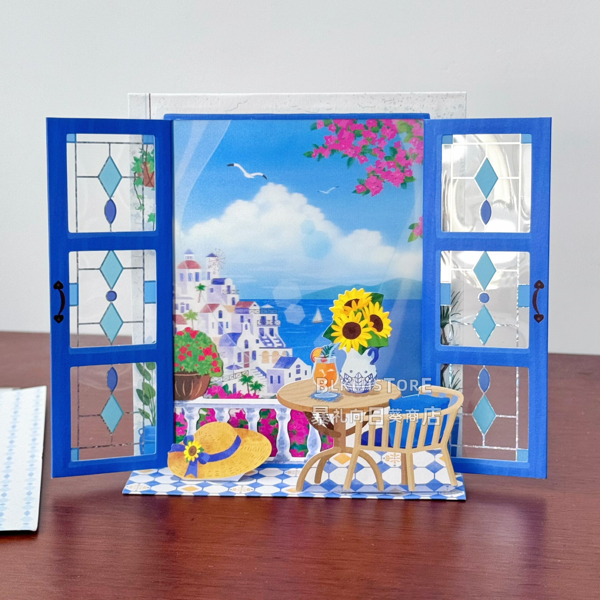 日本夏天3D立体万用贺卡蓝色希腊风景浪漫卡片生日毕业手写祝福卡