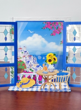 日本夏天3D立体万用贺卡蓝色希腊风景浪漫卡片生日毕业手写祝福卡