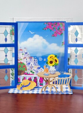 日本夏天3D立体万用贺卡蓝色希腊风景浪漫卡片生日毕业手写祝福卡