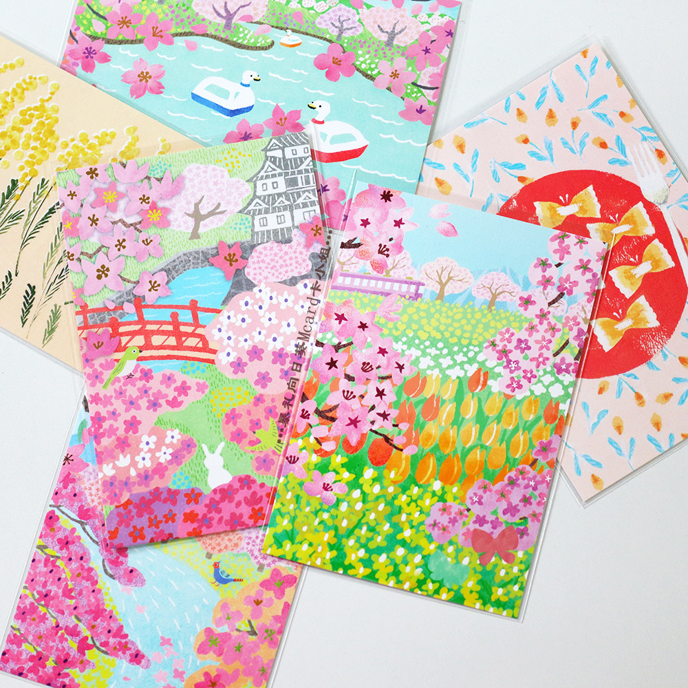 日本制春天春游樱花盛开明信片万用节日治愈祝福礼物手写温馨卡片