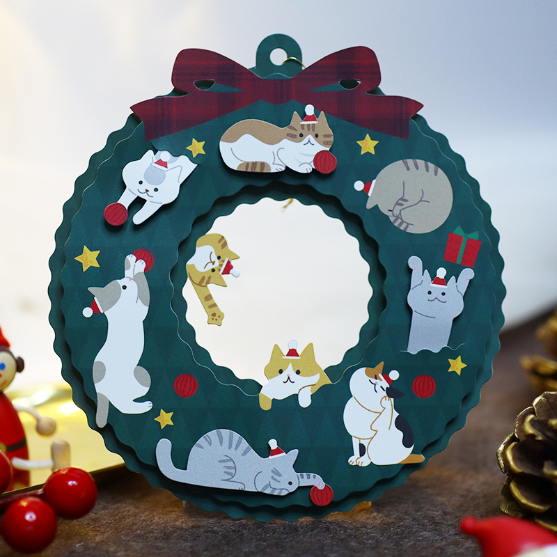 日本猫咪花环挂饰立体贺卡创意卡通圣诞节平安夜装饰祝福留言卡片