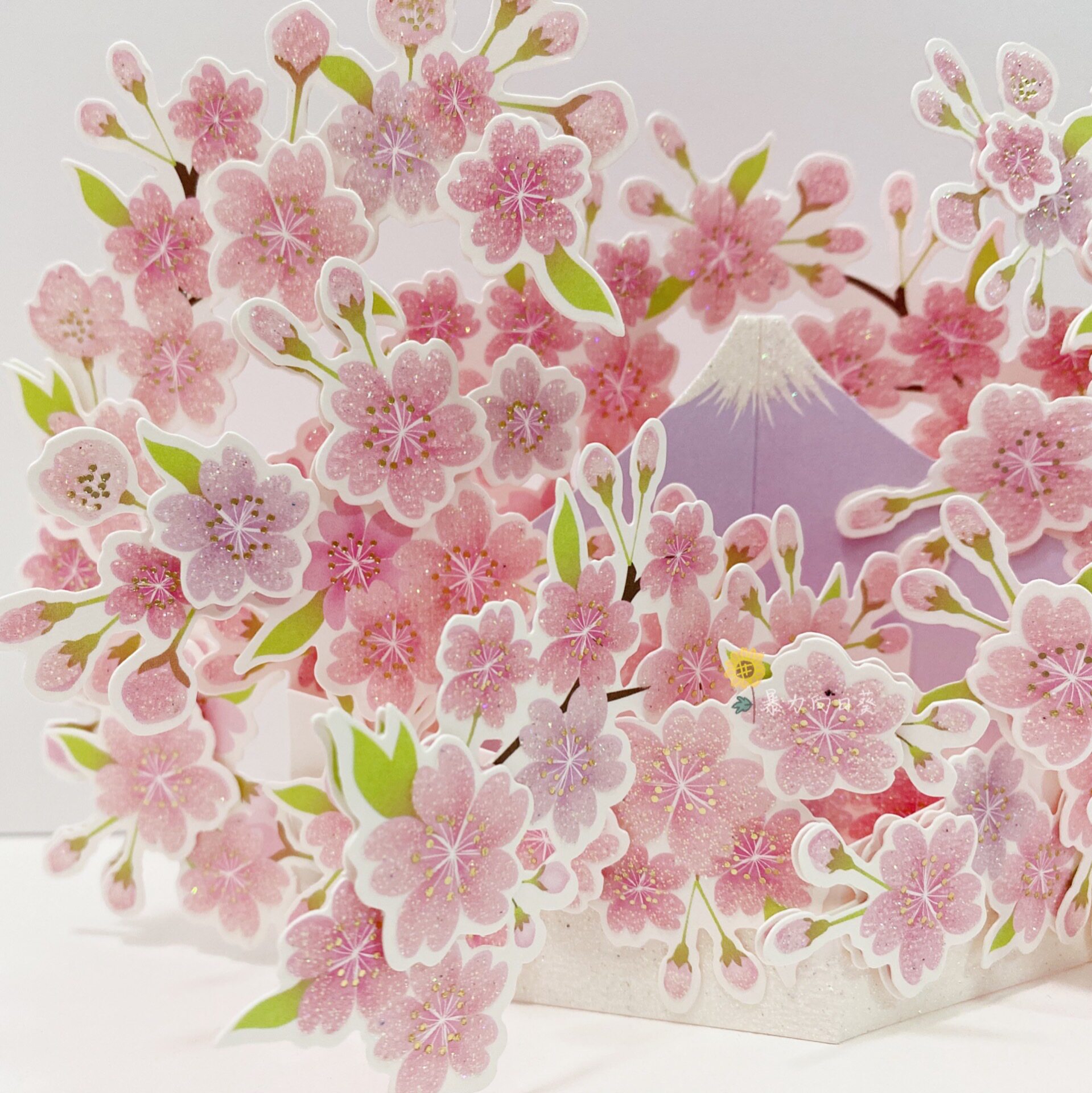 日本春天樱花富士山立体贺卡背景文鸟送祝福摆件生日礼物3d卡片