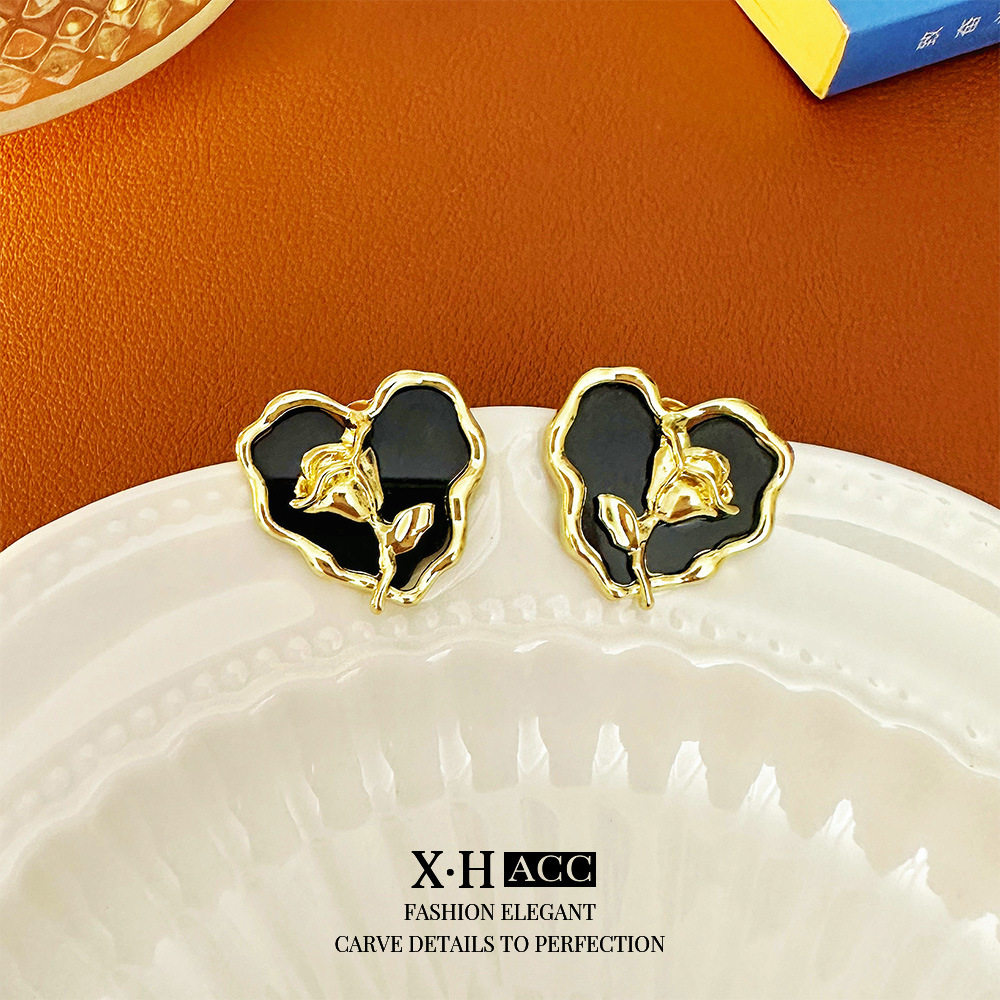 法式复古黑色滴油玫瑰花爱心耳钉女小众气质冷淡风耳环高级感耳饰,饰品/流行首饰/时尚饰品新,耳环,淘宝优惠券,粉丝福利购,淘宝优惠卷