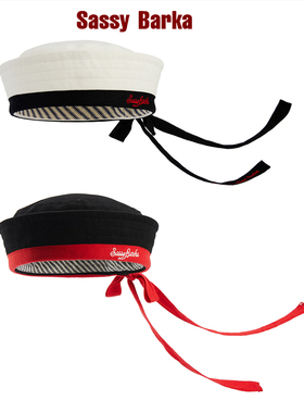 Sassy Barka水手系列平顶翻檐系带黑白红无檐贝雷水手帽海边男女