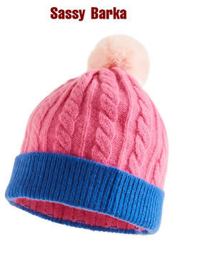 SassyBarka秋冬Flamingo粉&蓝撞色保暖针织麻花包头毛球帽大头围