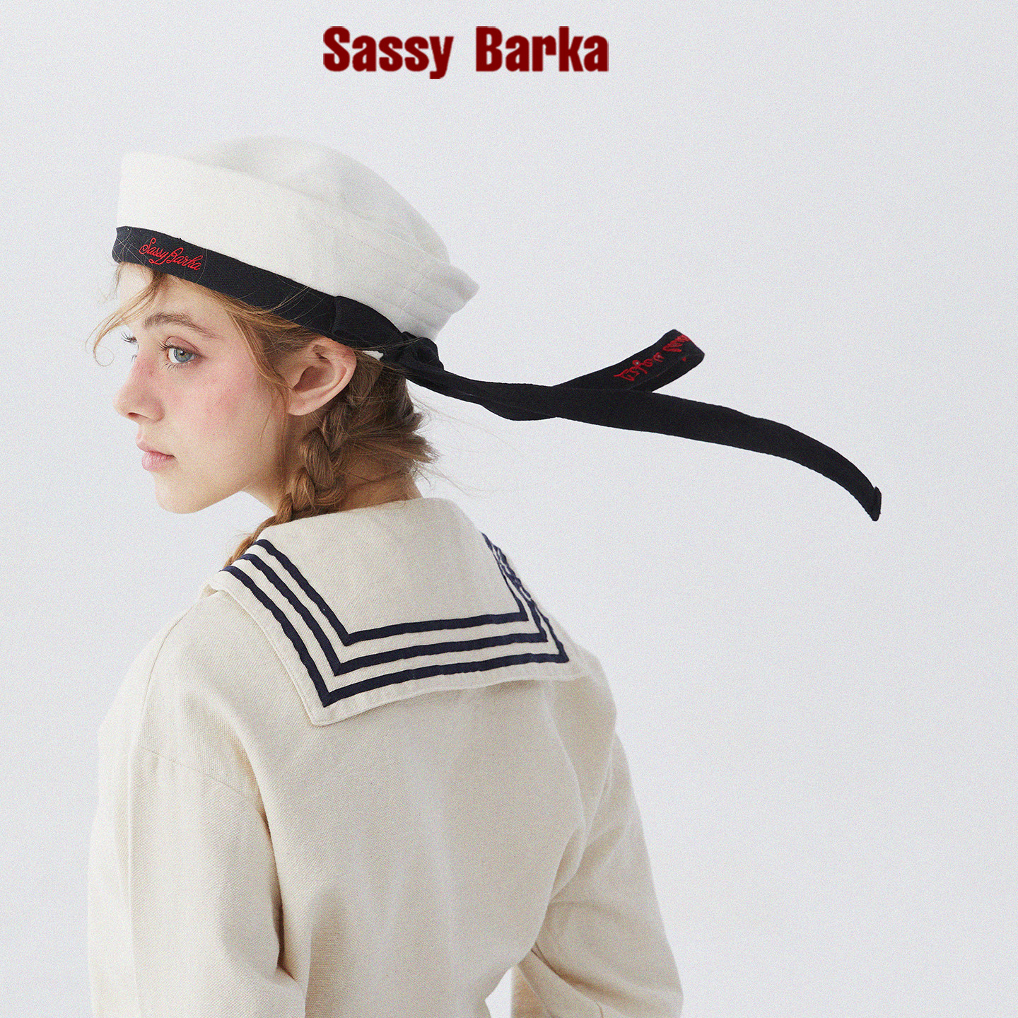 Sassy Barka水手系列平顶翻檐系带黑白红无檐贝雷水手帽海边男女