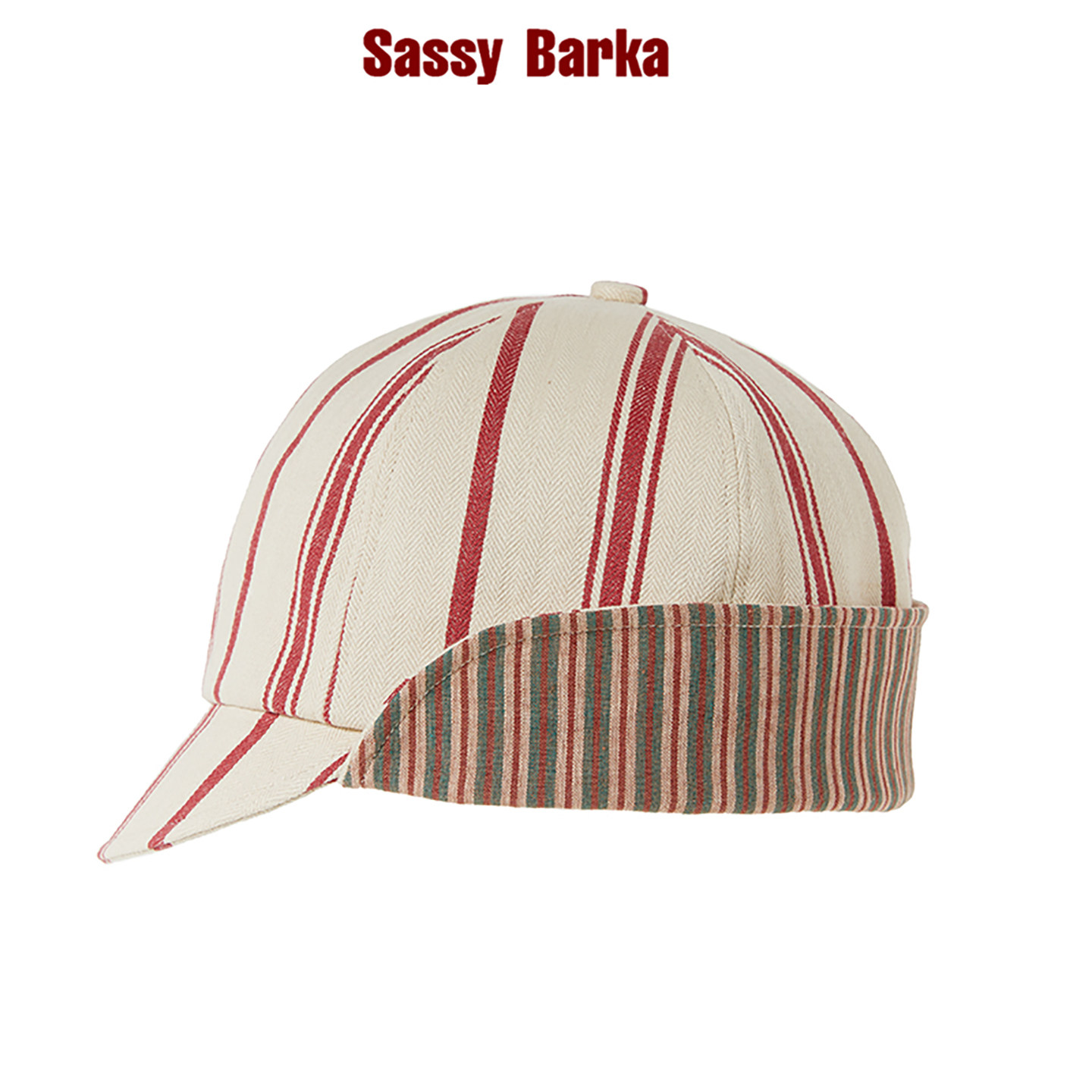 SassyBarka春夏复古骑行翻檐护耳鸭舌帽子红白撞色条纹薄款男女