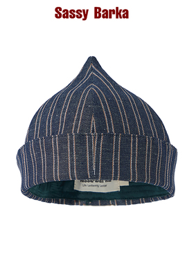 SassyBarka做旧牛仔竖条纹尖顶无檐翻边地主帽子男女春夏秋薄款