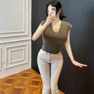 思瑞 莱赛尔小飞袖T恤 夏季三色v领弹力修身显瘦简约百搭打底上衣