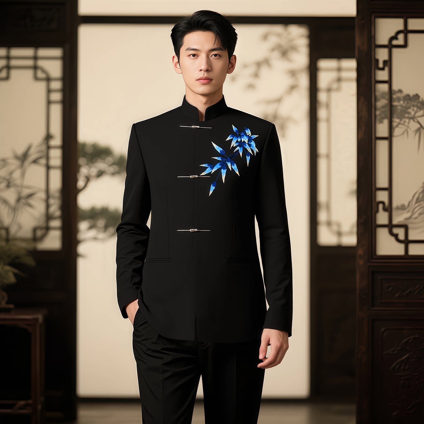 新中式男装刺绣中山装新郎结婚西装礼服国风潮唐装西服演出服套装