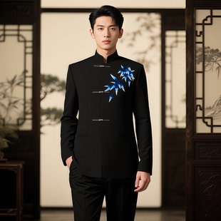 新中式男装刺绣中山装新郎结婚西装礼服国风潮唐装西服演出服套装