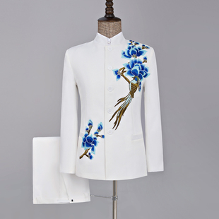 白色中山装男士大合唱舞台话剧演出服学生青年表演诗朗诵西服套装