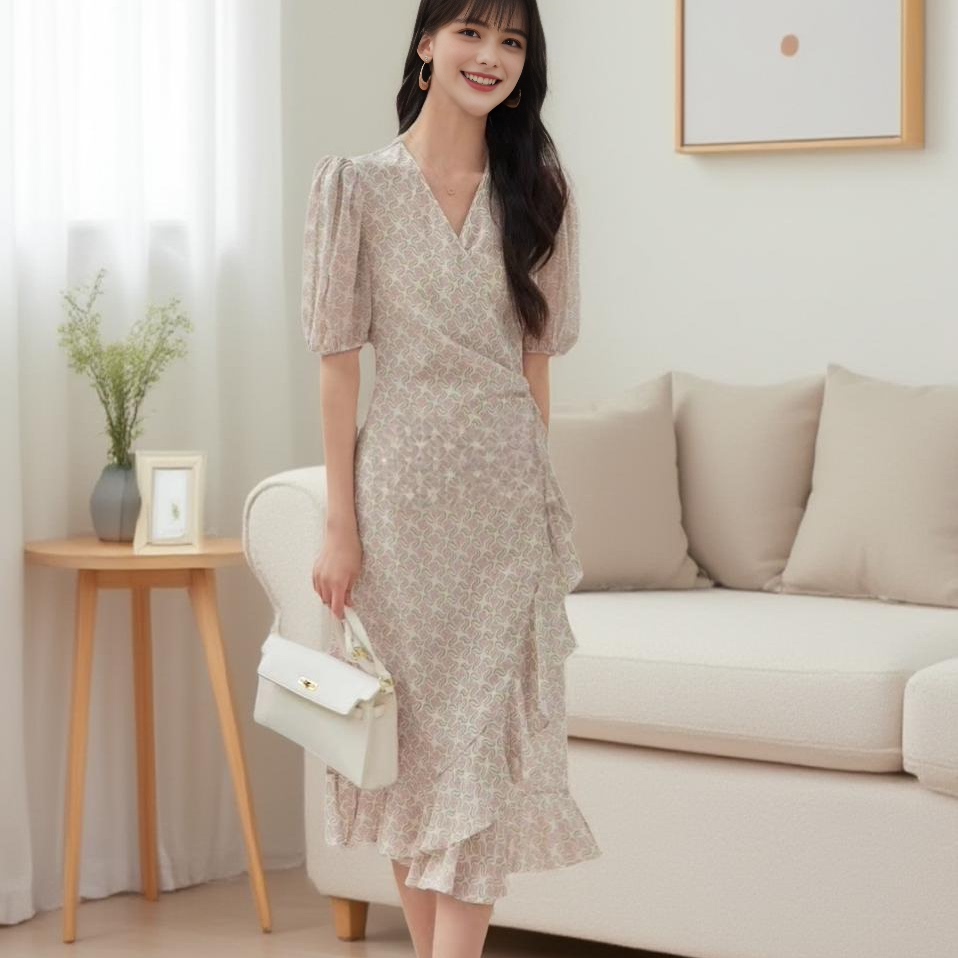 爆款茶歇气质女装连衣裙V领A字鱼尾裙真丝桑蚕丝花色法式围裹女装