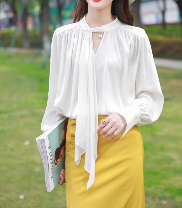 大爆款真丝衬衣大码女长袖套头圆领飘带桑蚕丝衬衫欧美大气上衣