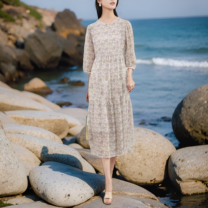 洋气圆领连衣裙减龄套头女中袖显瘦中长裙真丝休闲夏装桑蚕丝2530