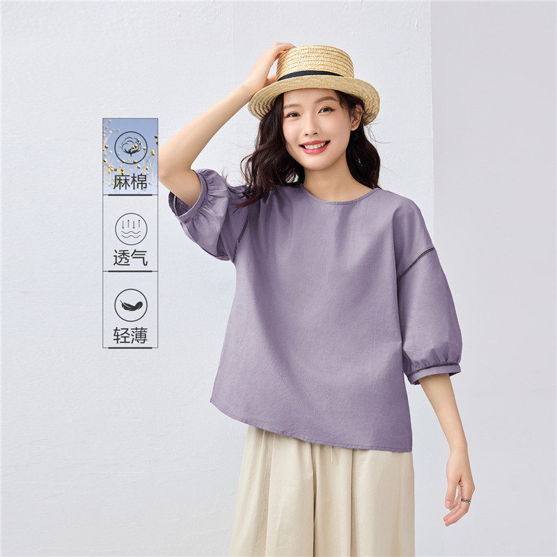 佐丹奴衬衫女装天然麻棉镂空织带中袖圆领梭织衬衫 05345462