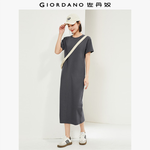 佐丹奴裙子女装纯棉破骨后开叉圆领针织T恤连衣裙 05465461