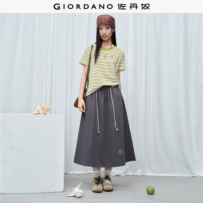 佐丹奴裙子女装纯棉刺绣腰绳松紧腰梭织半身长裙 18466315