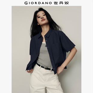 佐丹奴衬衫女装【韩国明星同款】纯棉口袋通勤宽松短款短袖衬衫