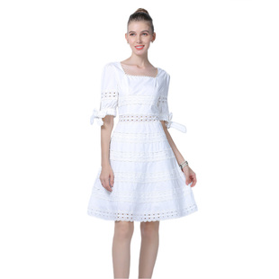 澳洲小众方领蕾丝连衣裙参加婚礼白色五分袖镂空纯棉高端法式茶歇