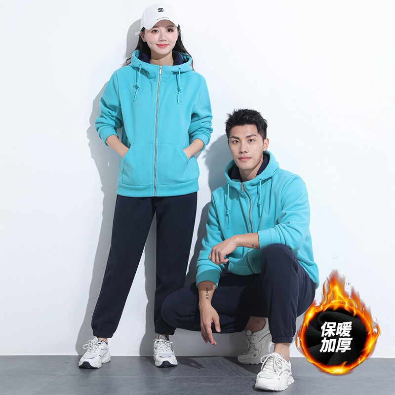 秋冬男女款摇粒加绒连帽开衫外套加厚保暖运动休闲套装情侣抓绒衣