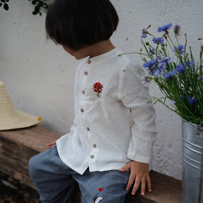 LIL SALLY KIDS爱丽丝夏季休闲长袖亚麻圆领衬衫手工刺绣男女童装