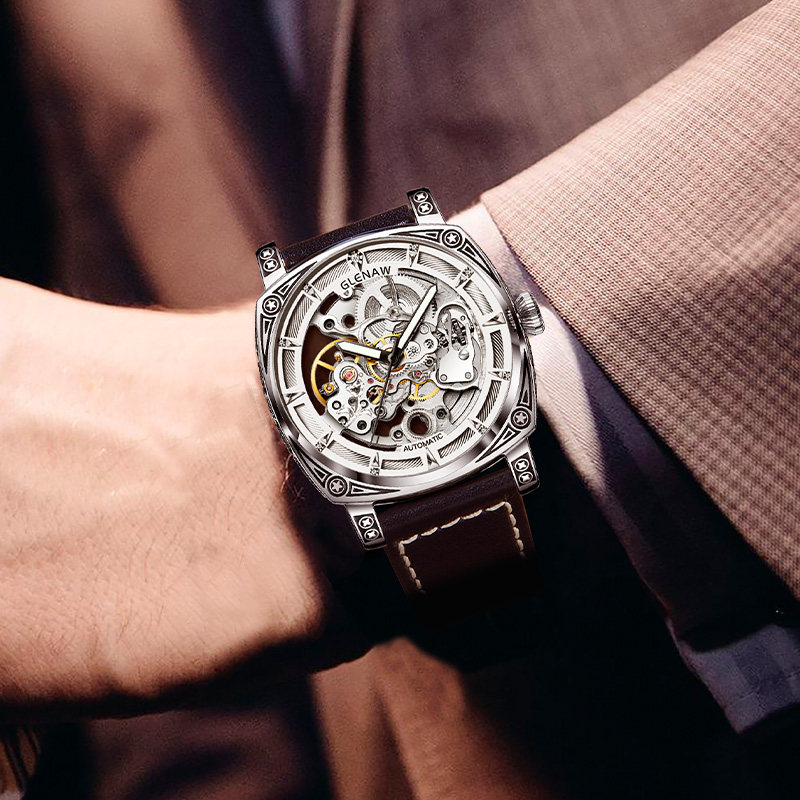 glenaw手表男全自动机械表镂空防水夜光潮流雕花男士腕表