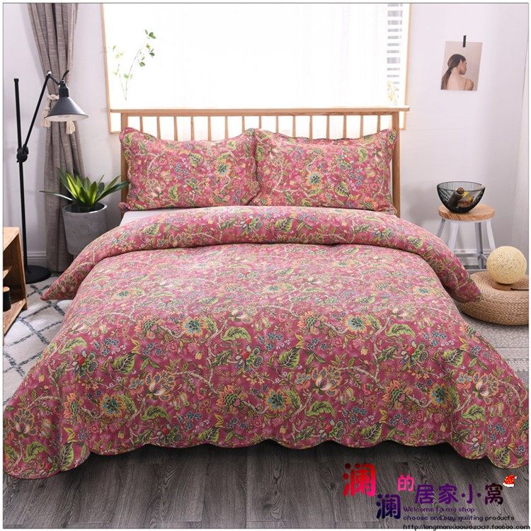 美式红色出口全棉床盖三件套韩国水洗绗缝被欧式夹棉纯棉床单床盖