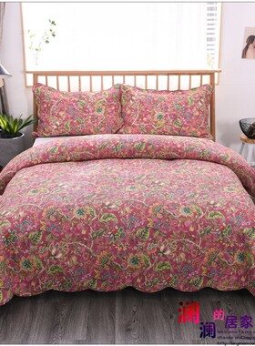美式红色出口全棉床盖三件套韩国水洗绗缝被欧式夹棉纯棉床单床盖