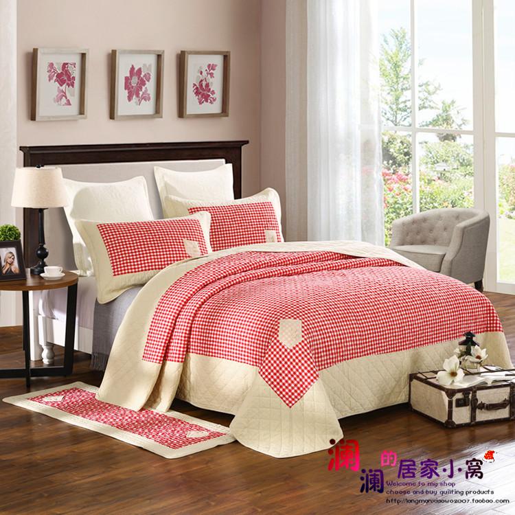 韩式田园红色咖啡格子全棉水洗被