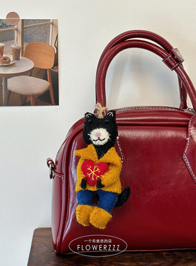 复古手工羊毛毡黑猫包挂件钥匙扣