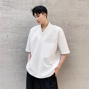 22夏季新款潮流个性华夫格大V领小众设计文艺宽松短袖T恤D06-P60图片