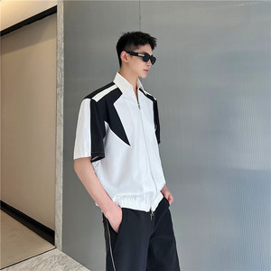 23夏季新款潮流时髦个性黑白撞色设计双开拉链短袖衬衣S233-P115图片