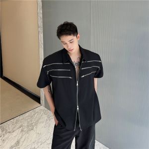 23年夏季新款潮流时髦个性多拉链装饰大垫肩宽松短袖衬衣S230-P95图片
