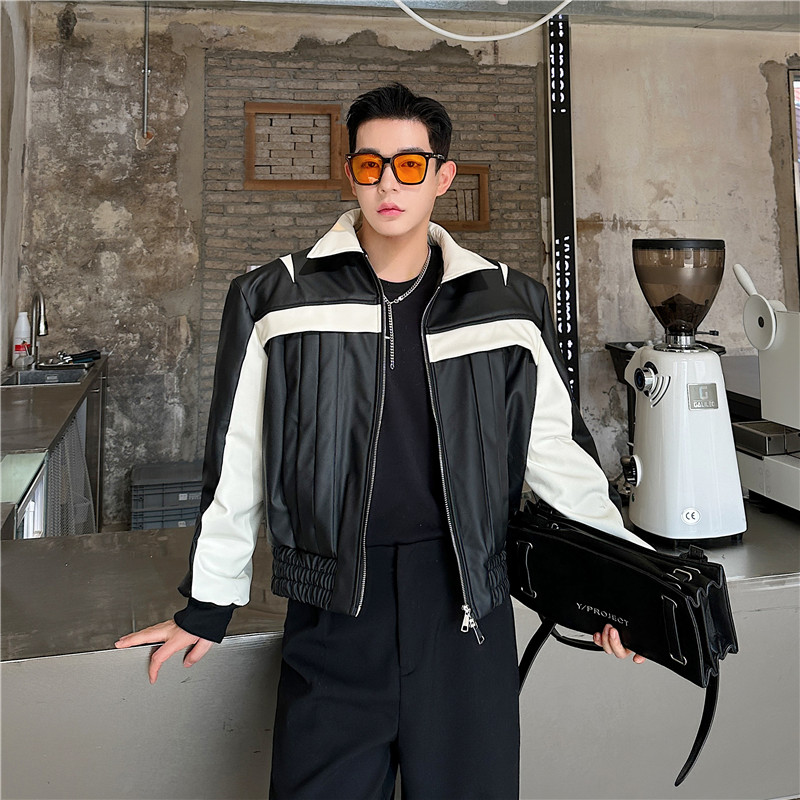 新款潮流时髦个性黑白高定皮撞色小众多褶设计韩版夹克T198-P165,男装夹克,星座1304（原C205）