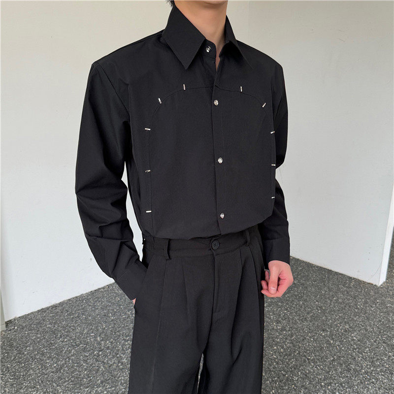 24年新款潮流时髦个性多金属铆钉装饰带垫肩宽松休闲衬衣S266-P95,男装衬衫,星座1304（原C205）