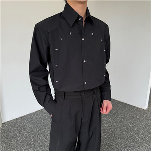 24年新款潮流时髦个性多金属铆钉装饰带垫肩宽松休闲衬衣S266-P95图片
