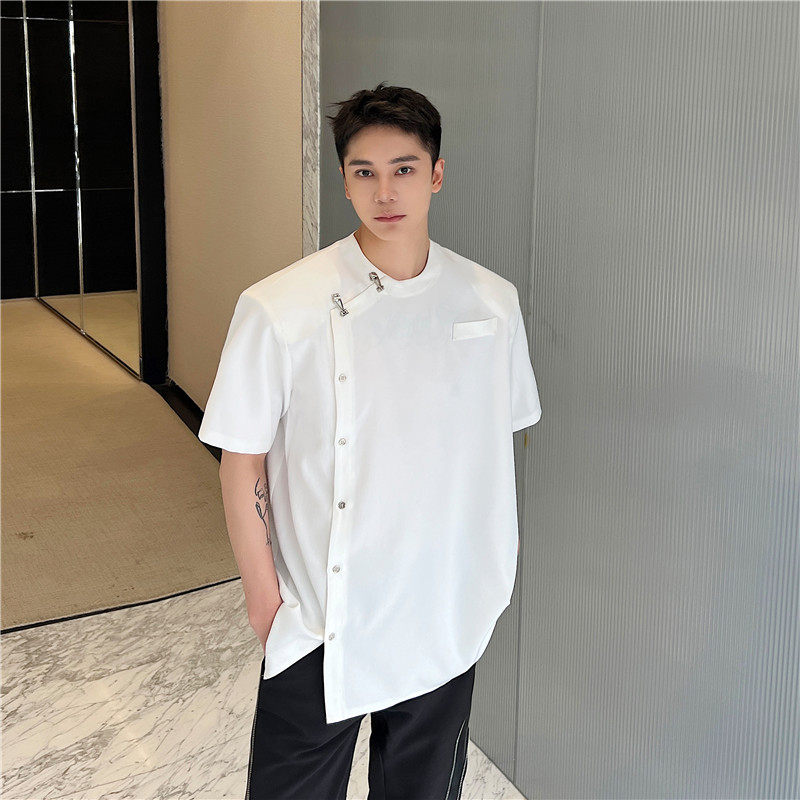 23夏季新款潮流时髦个性小众设计金属装饰短袖带垫肩衬衣S231-P90图片