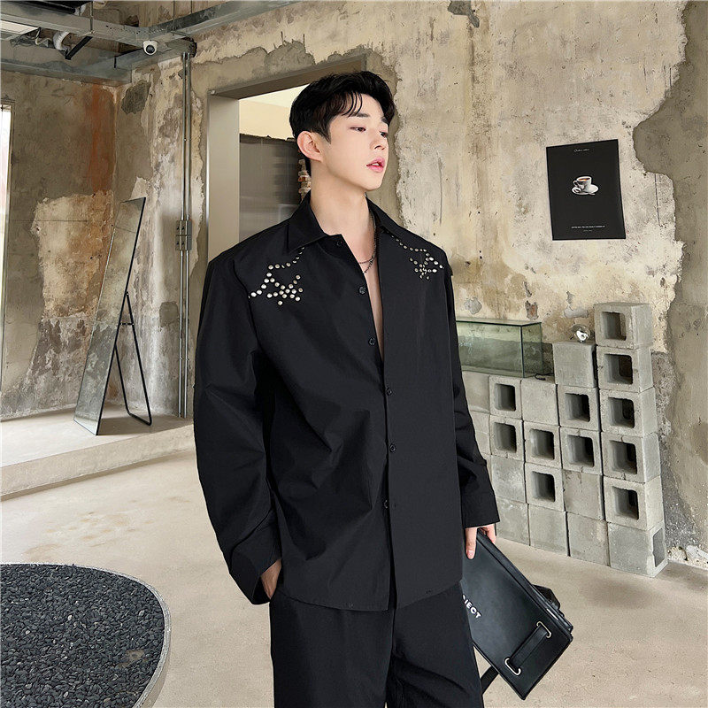 23年夏季新款潮流时髦古巴领个性小众铆钉装饰雅痞衬衣S227-P95，男装衬衫，星座1304（原C205）